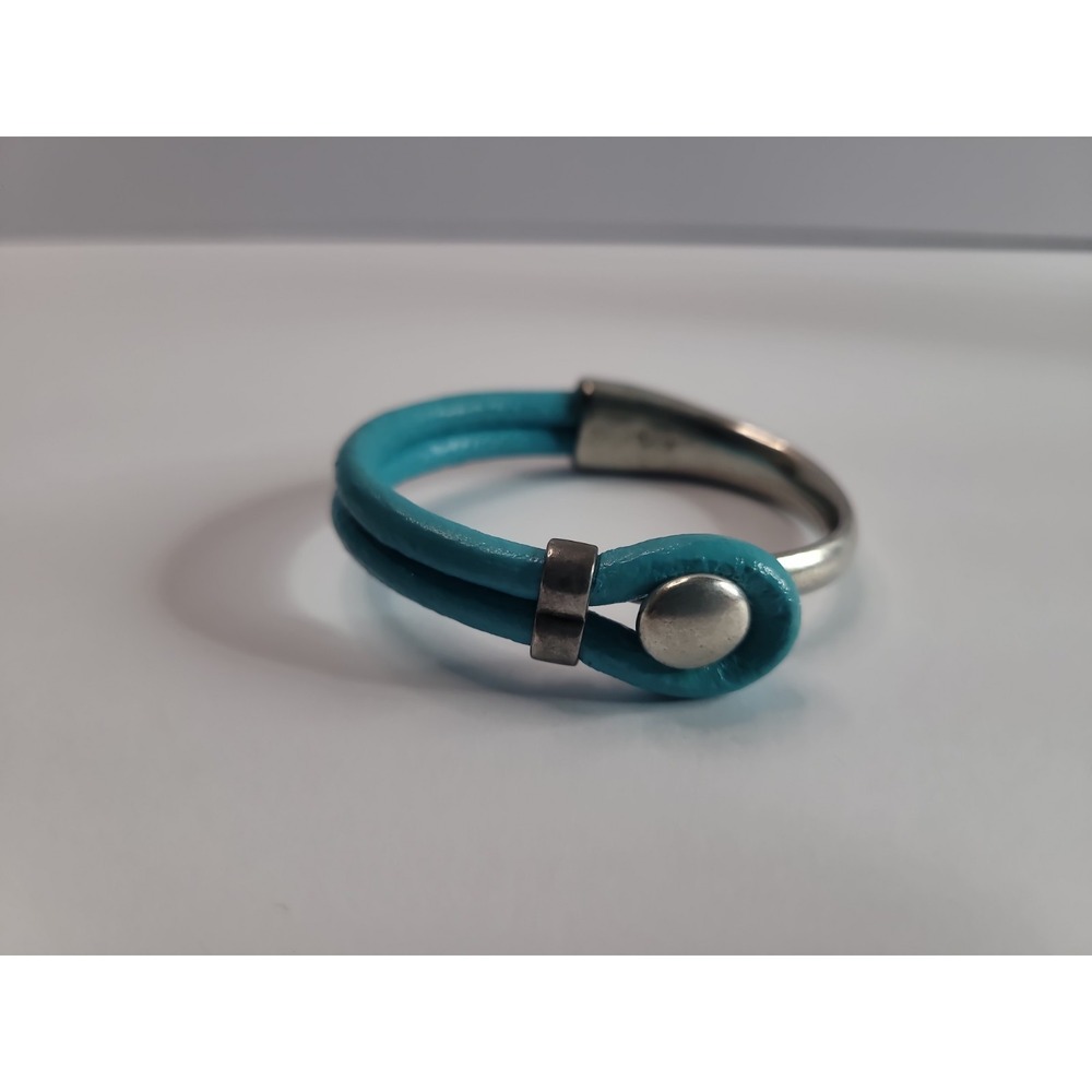 Blue Faux Leather Silver Tone Mixed Media Cuff Bracelet Modern Statement Jewelry
